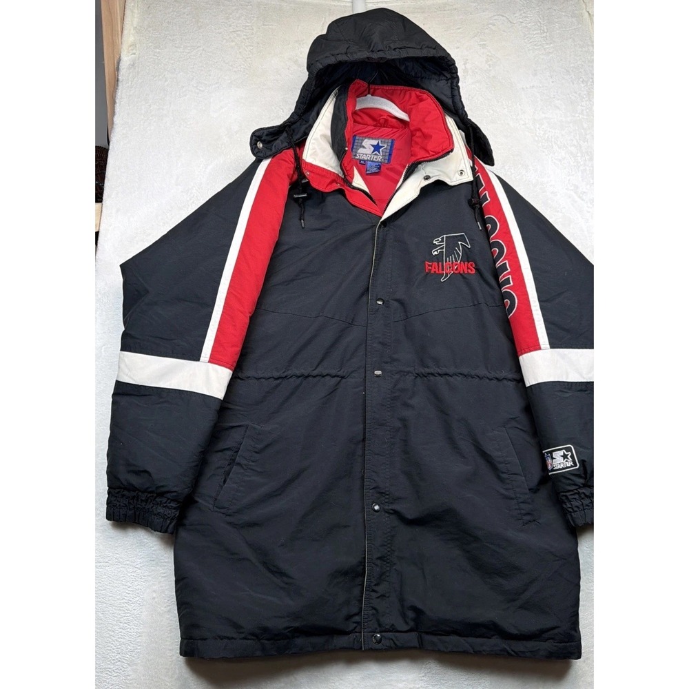 Atlanta Falcons Starter Vintage 90s Jacket Mens XL NFL Hooded Puffer Black Red